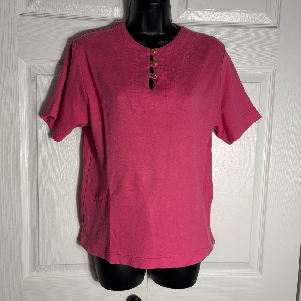Vintage Lord Taylor Shirt Women M Pink Gold Button 100% Cotton 90s Short Sleeve